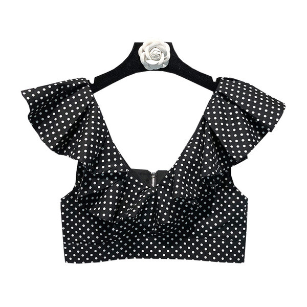 Стилно дамско бюстие с ръкави в черен цвят на точки