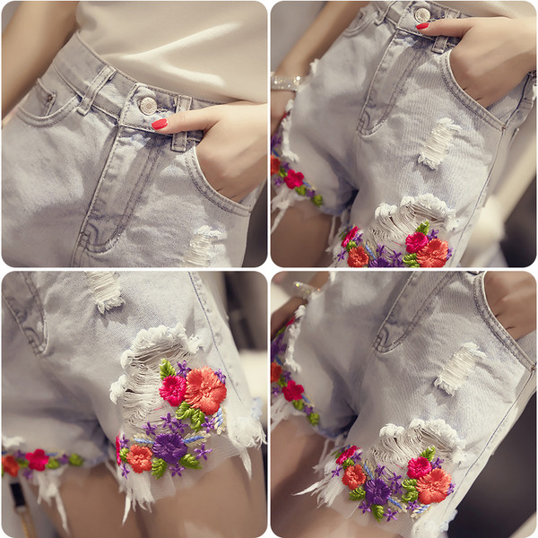 Дамски къси дънки с бродерия в флорални мотиви