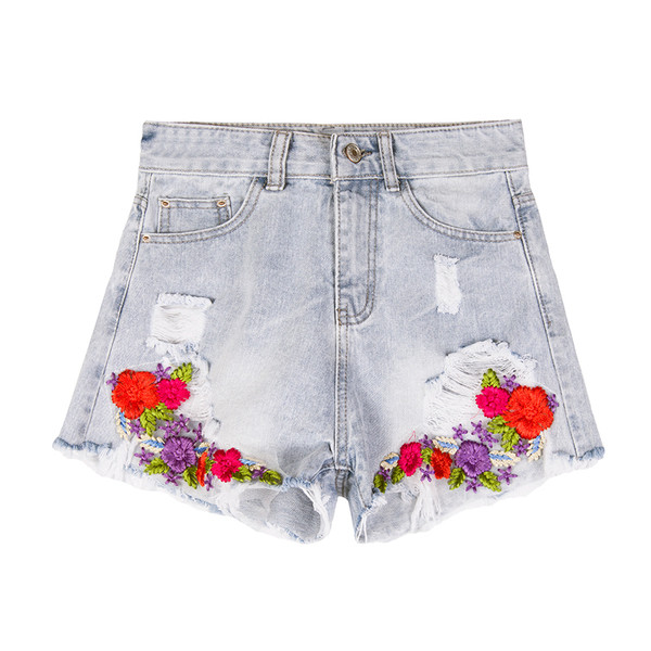 Дамски къси дънки с бродерия в флорални мотиви