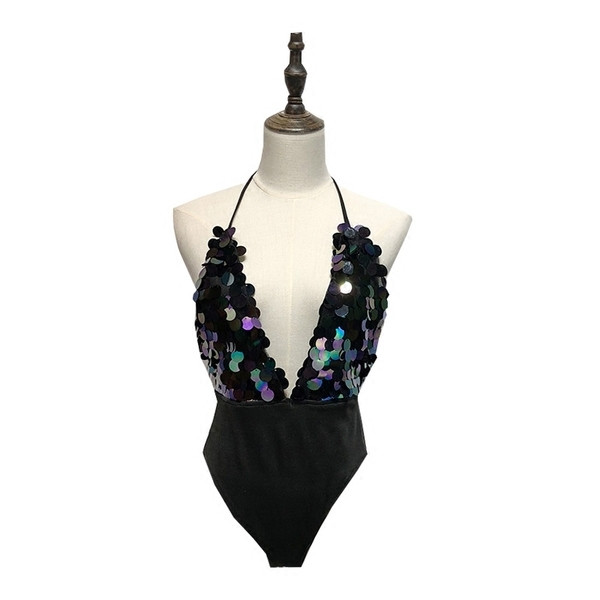 Стилно дамско боди в черен цвят с пайети и дълбоко V-образно деколте и отворен гръб