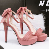 Дамски сандали на висок ток с декорация панделка в няколко цвята