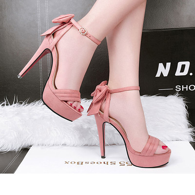 Дамски сандали на висок ток с декорация панделка в няколко цвята