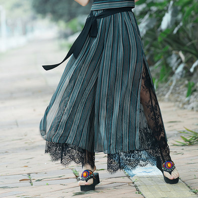 Дамски модерен панталон широк модел с висока талия с елемент дантела и копан около талията