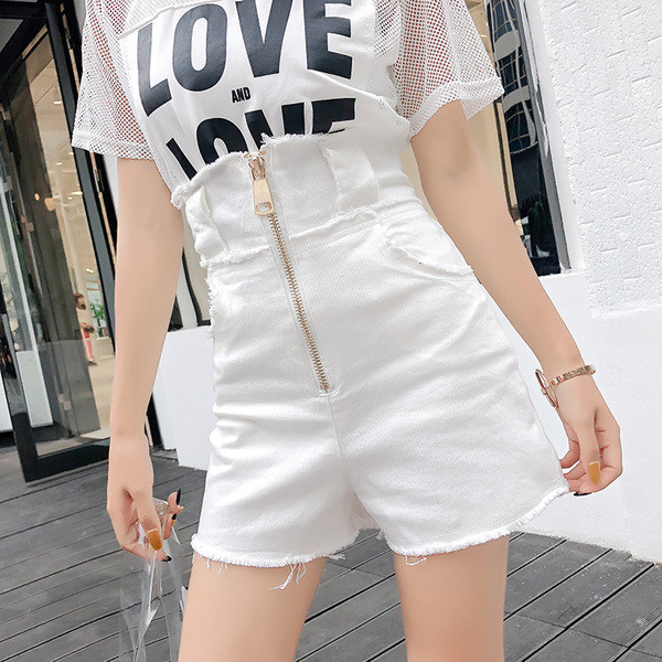 Къси дамски панталони с висока талия и цип в черен цвят