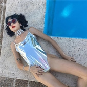 Нестандартен дамски цял бански в сребърен цвят с щампа и отворен гръб