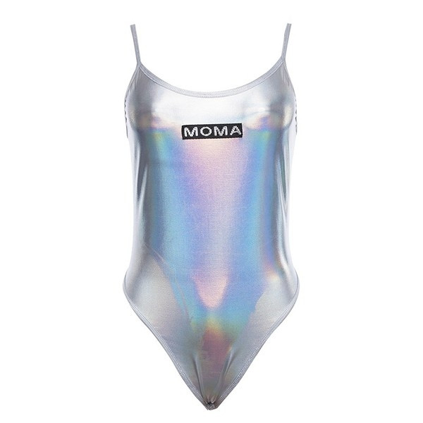 Нестандартен дамски цял бански в сребърен цвят с щампа и отворен гръб