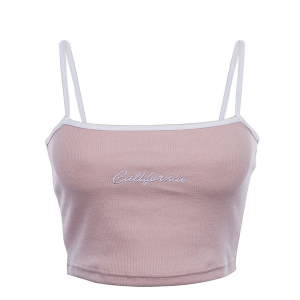 Модерен къс дамски потник в розов цвят с надпис и тънки презрамки