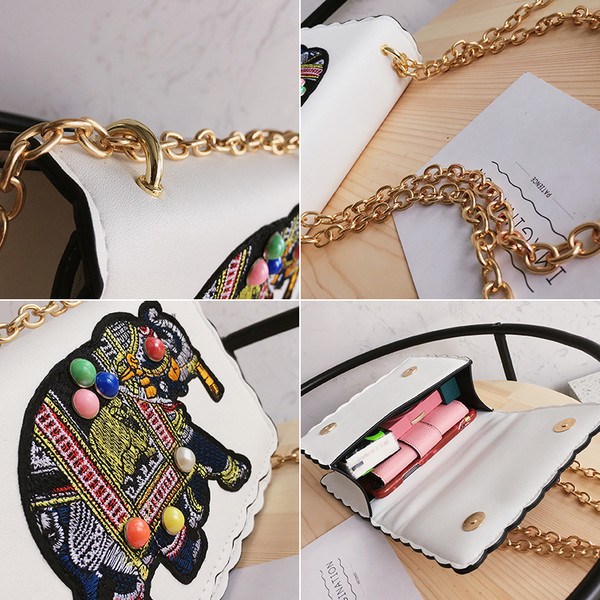 Стилна дамска чанта в три цвята с бродерия и метална дръжка