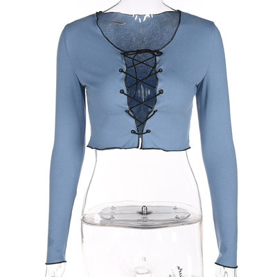 Модерна къса дамска блуза  дълъг ръкав и връзки