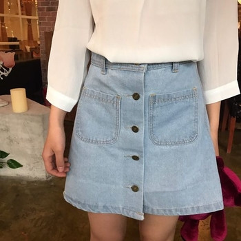 Дънкова пола с висока талия и копчета в различни цветове