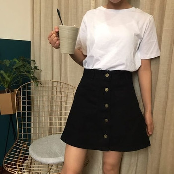 Дънкова пола с висока талия и копчета в различни цветове