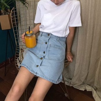 Дънкова пола с висока талия и копчета в различни цветове