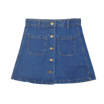 Дънкова пола с висока талия и копчета в различни цветове