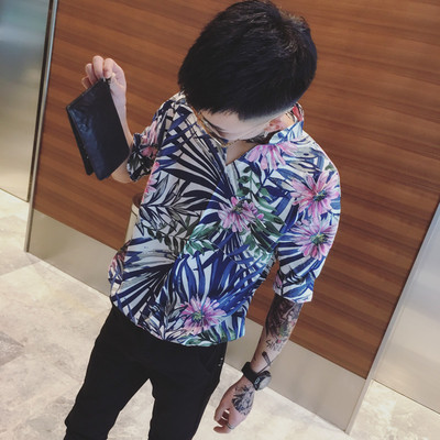 Мъжка риза с къс ръкав с флроални мотиви в три цвята