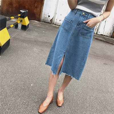 Дълга дънкова пола с висока талия в различни цветове