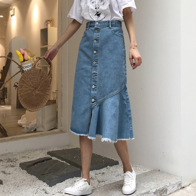 Дълга дънкова пола с висока талия в различни цветове