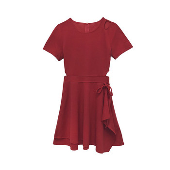 Дамска къса рокля с изрязана талия и връзки в два цвята