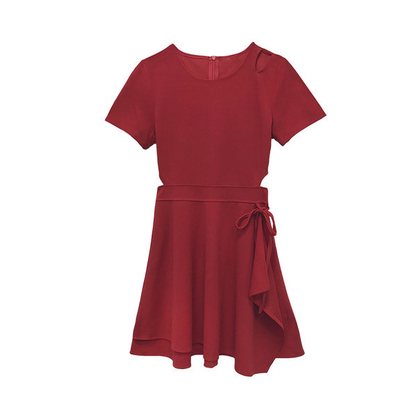 Дамска къса рокля с изрязана талия и връзки в два цвята