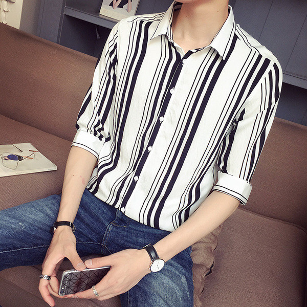 Мъжка риза на райе втален модел с 7/8 ръкав в два цвята