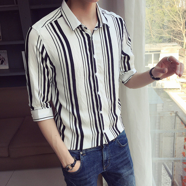 Мъжка риза на райе втален модел с 7/8 ръкав в два цвята