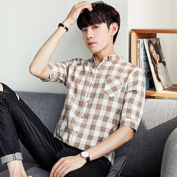 Мъжка тънка риза на каре с 7/8 ръкав в два цвята