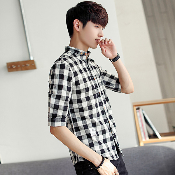 Мъжка тънка риза на каре с 7/8 ръкав в два цвята