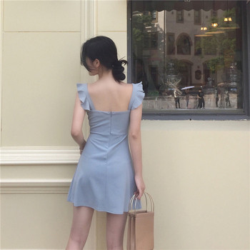 Къса рокля с интересни презрамки в син цвят