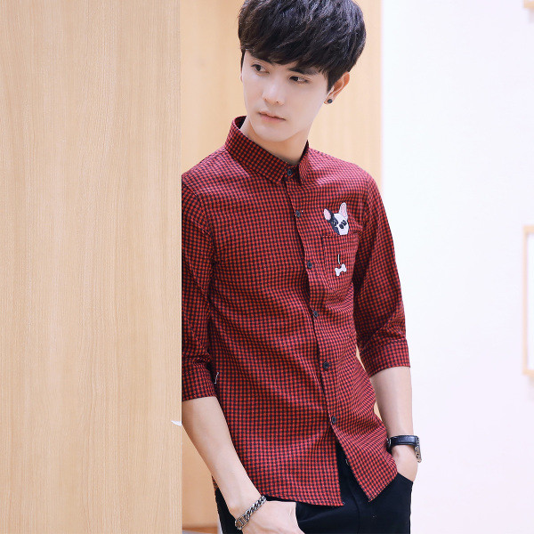 Мъжка риза на каре с джоб и бродерия куче в два цвята