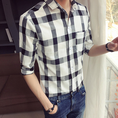 Мъжка риза с 7/8 ръкав на каре в два цвята