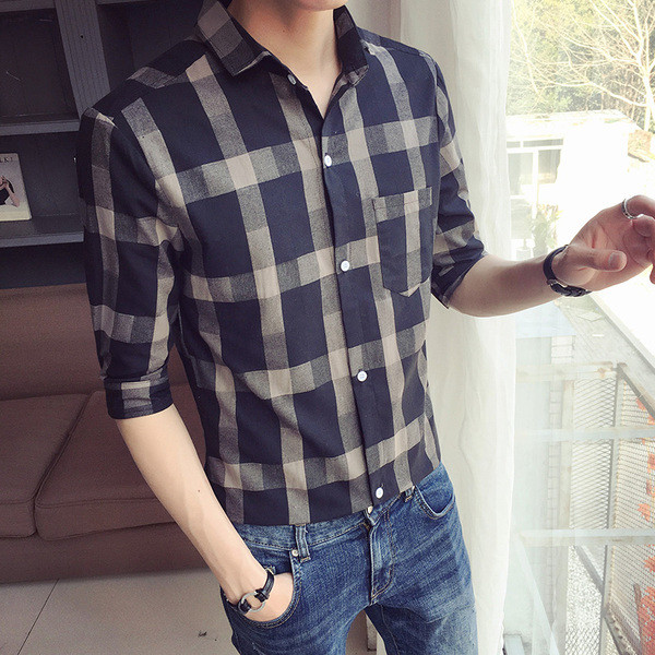 Мъжка риза с 7/8 ръкав на каре в два цвята