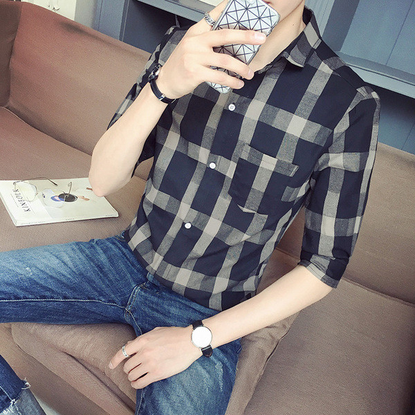 Мъжка риза с 7/8 ръкав на каре в два цвята