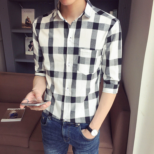 Мъжка риза с 7/8 ръкав на каре в два цвята