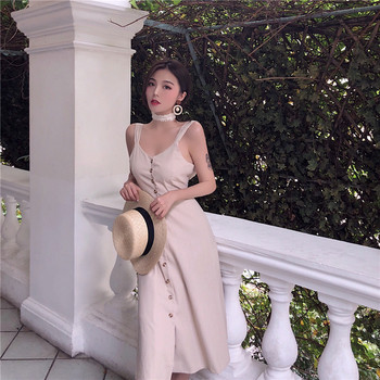 Дълга рокля с презрамки, копчета и панделка на гърба 