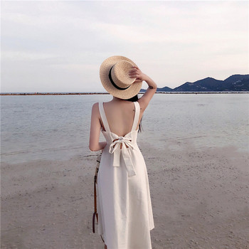 Дълга рокля с презрамки, копчета и панделка на гърба 