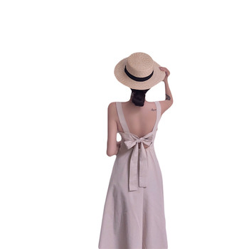 Дълга рокля с презрамки, копчета и панделка на гърба 