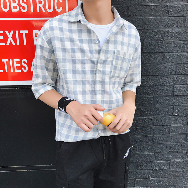 Мъжка лятна риза с 7/8 ръкав на каре в два цвята