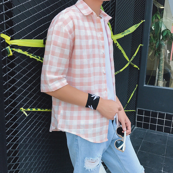 Мъжка лятна риза с 7/8 ръкав на каре в два цвята