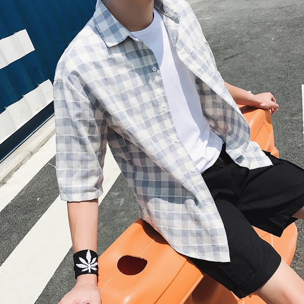 Мъжка лятна риза с 7/8 ръкав на каре в два цвята