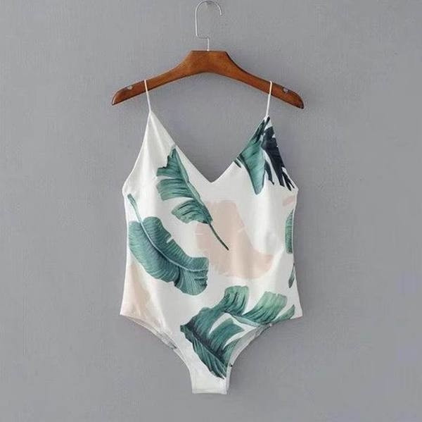 Дамски цял бански с тънки презрамки и V-образно деколте