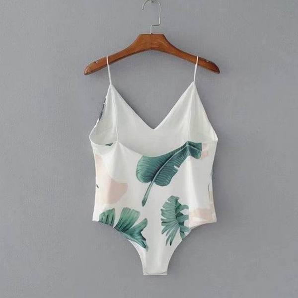 Дамски цял бански с тънки презрамки и V-образно деколте