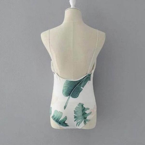 Дамски цял бански с тънки презрамки и V-образно деколте