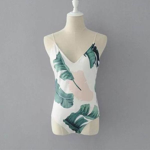 Дамски цял бански с тънки презрамки и V-образно деколте