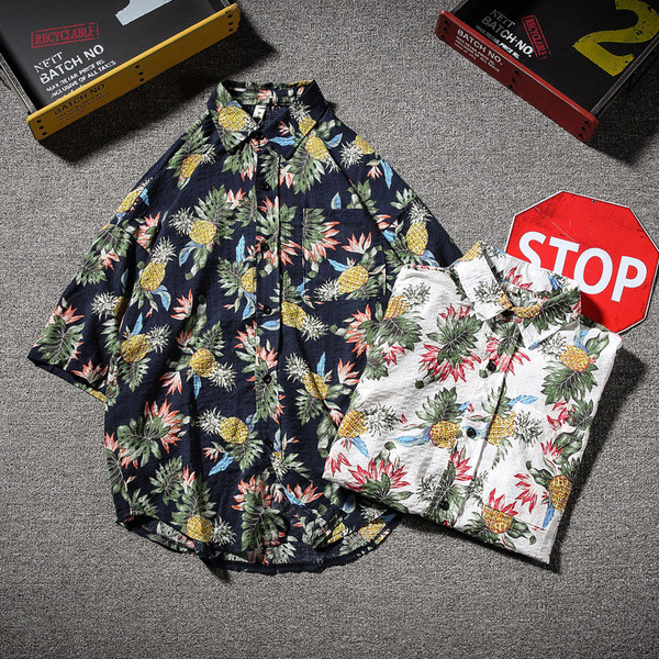 Лятна мъжка риза с къс ръкав и флорални мотиви в два цвята