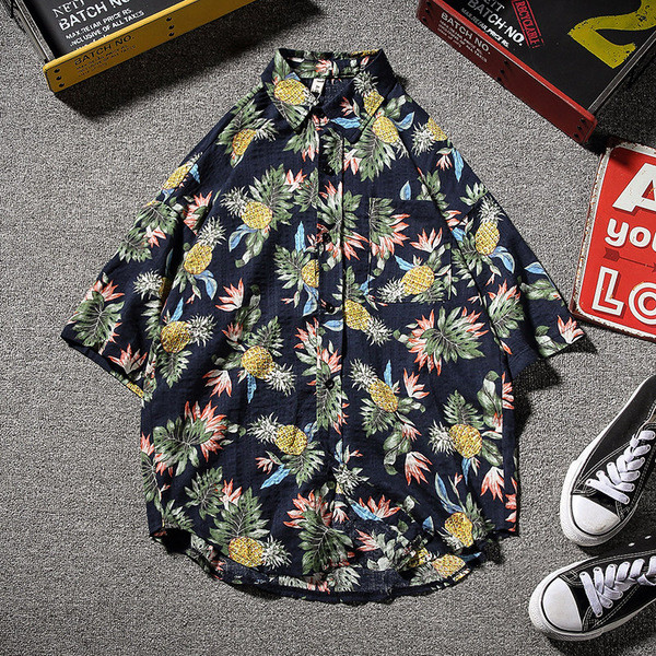 Лятна мъжка риза с къс ръкав и флорални мотиви в два цвята