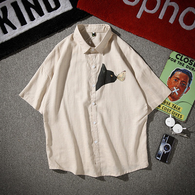 Мъжка риза с къс ръкав и апликация коте в два цвята