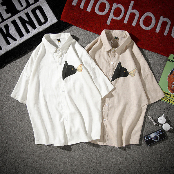 Мъжка риза с къс ръкав и апликация коте в два цвята