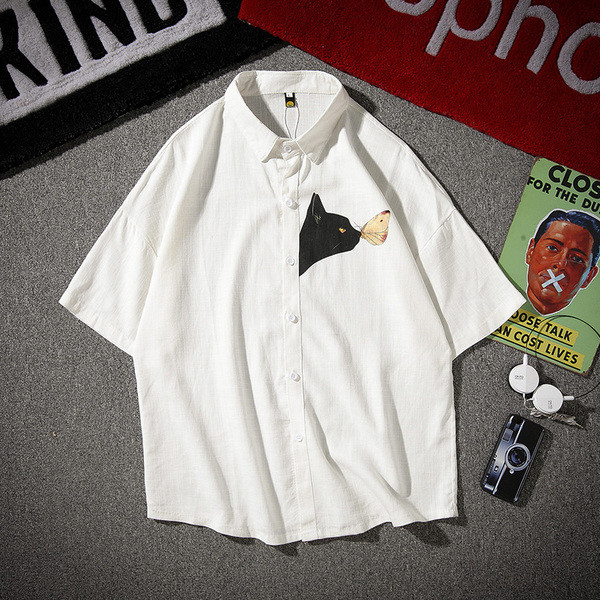 Мъжка риза с къс ръкав и апликация коте в два цвята