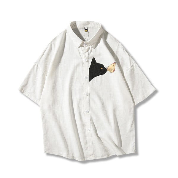 Мъжка риза с къс ръкав и апликация коте в два цвята