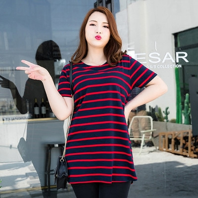 Дамска раирана туника с къс ръкав и O-образно деколте в три цвята