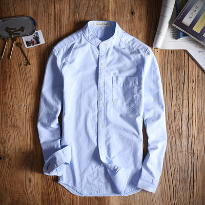 Мъжка памучна риза с дълъг ръкав и декорация джоб в три цвята